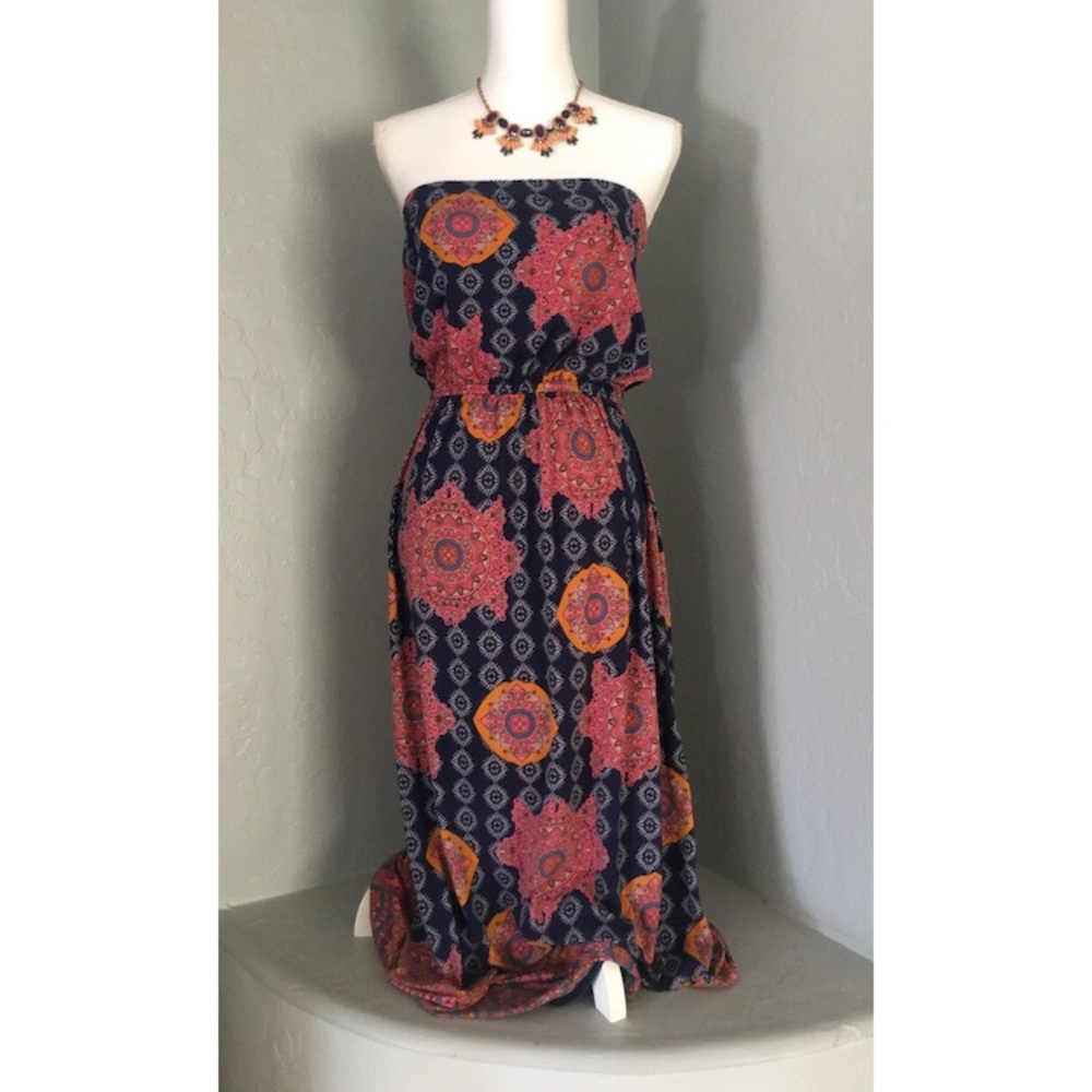 Navy blue and pink floral tube dress